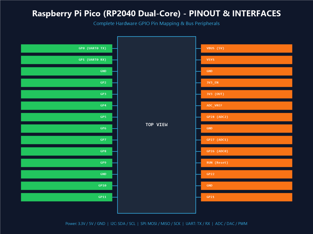 Raspberry Pi Pico (RP2040 Dual-Core) - Pinout & Interfaces