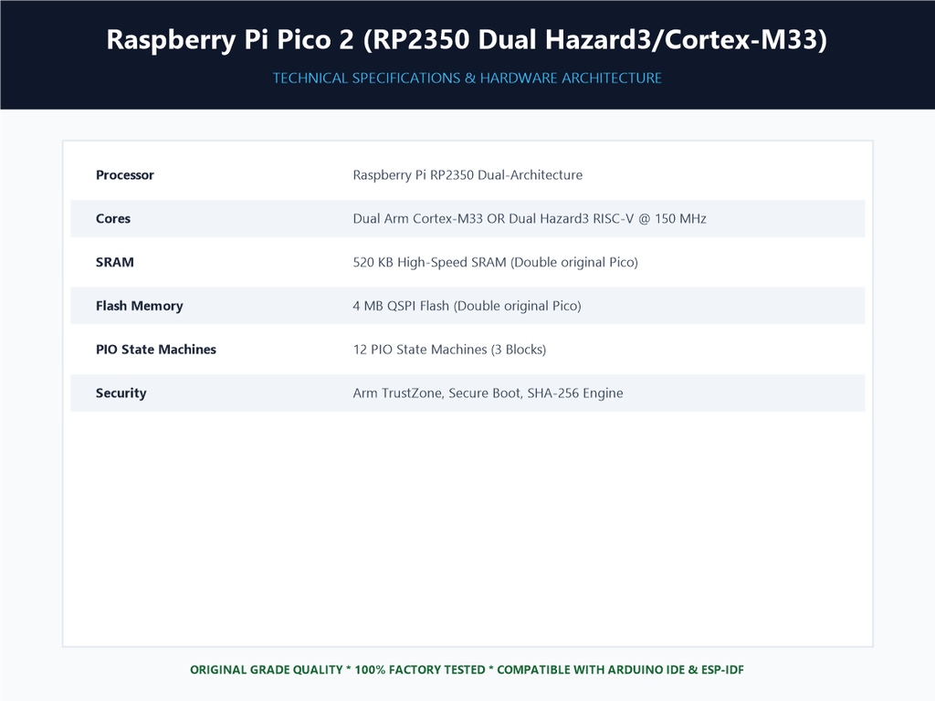 Raspberry Pi Pico 2 (RP2350 Dual Hazard3/Cortex-M33) - Specifications Sheet