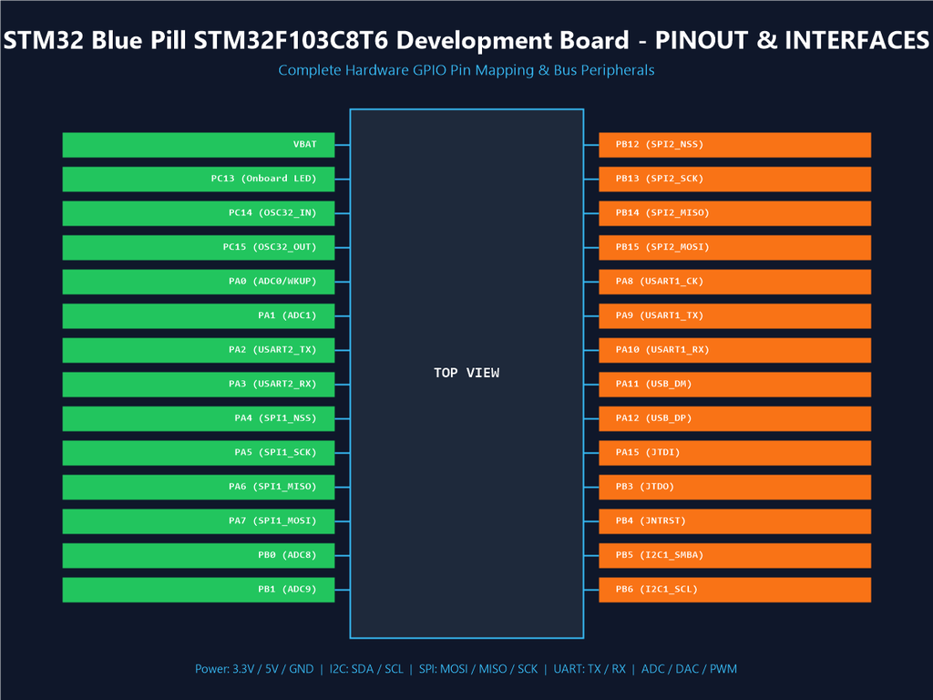 STM32 Blue Pill STM32F103C8T6 Development Board - Pinout & Interfaces