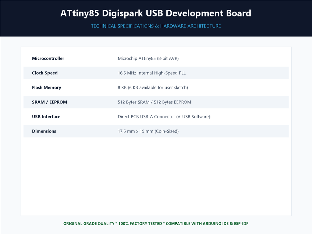 ATtiny85 Digispark USB Development Board - Specifications Sheet