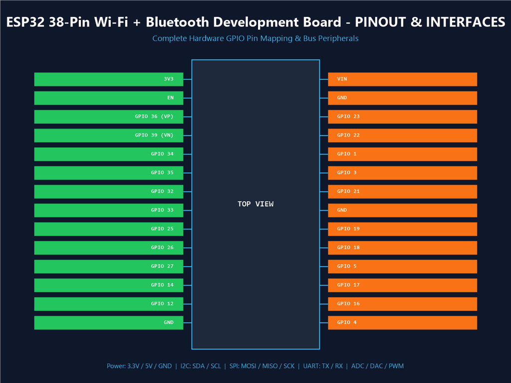 ESP32 38-Pin Wi-Fi + Bluetooth Development Board - Pinout & Interfaces