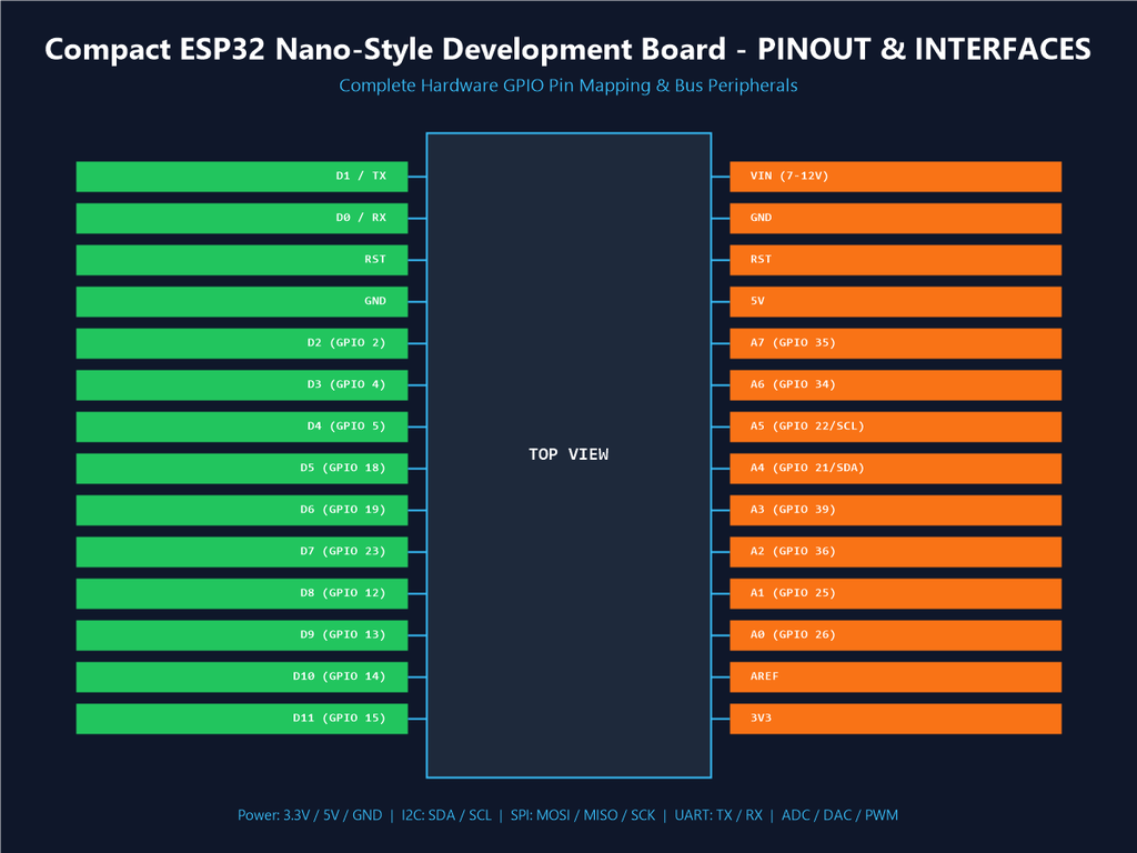 Compact ESP32 Nano-Style Development Board - Pinout & Interfaces