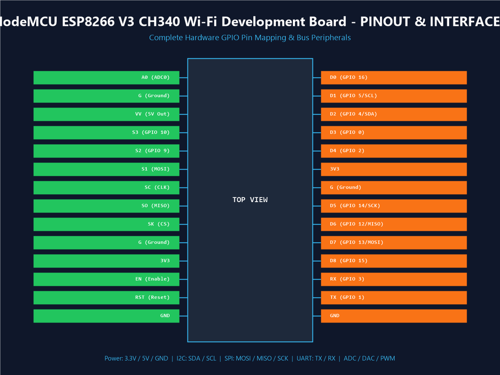 NodeMCU ESP8266 V3 CH340 Wi-Fi Development Board - Pinout & Interfaces